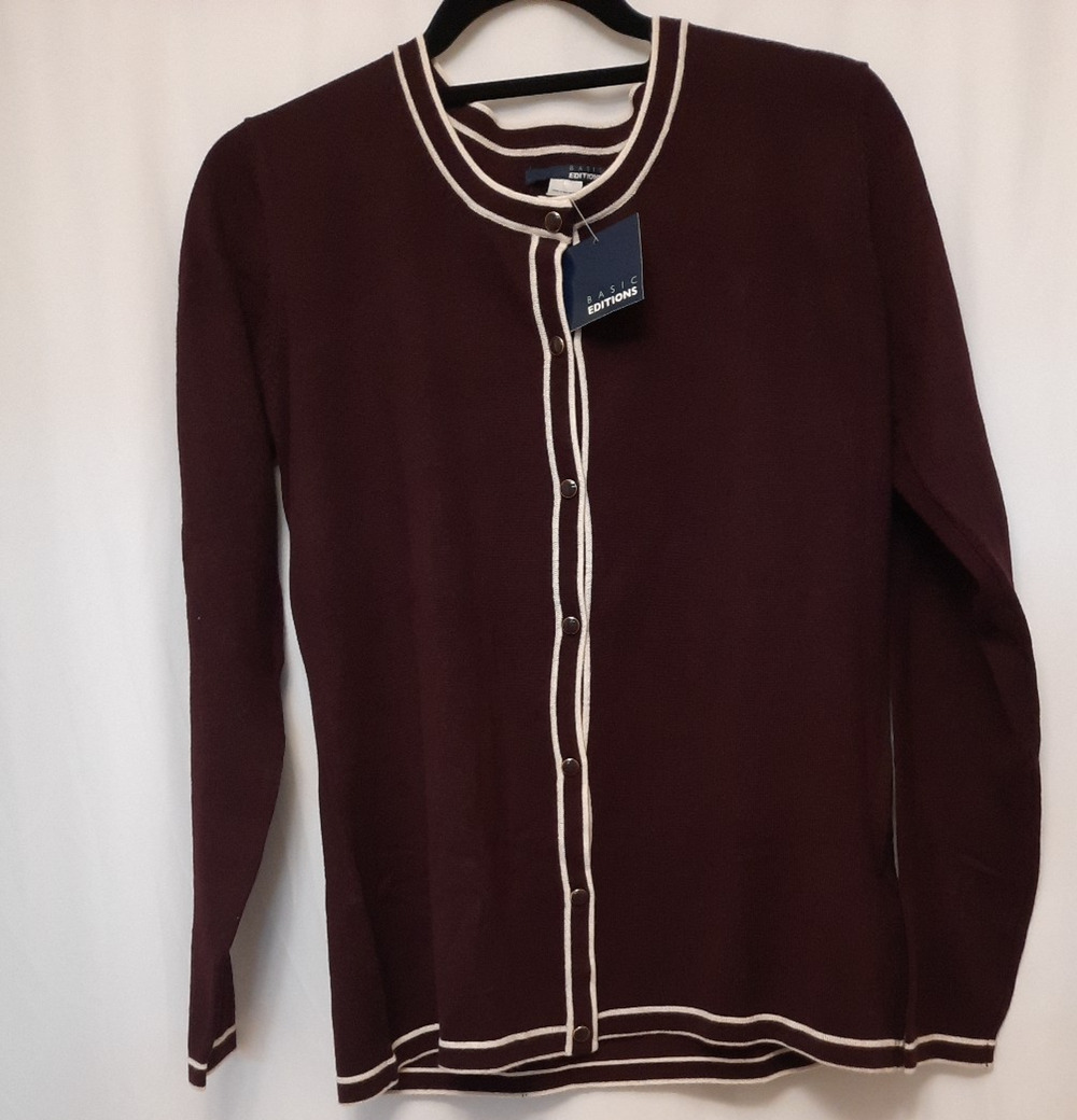 VTG KMART NWT Large maroon button-down sweater white strip accents lightweight